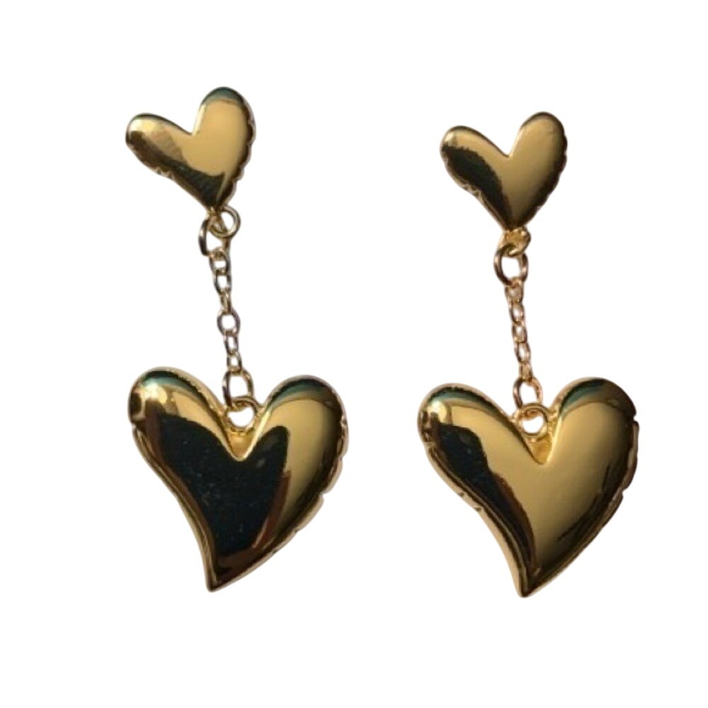 Gold Tone Double Heart Dangle Drop Earrings Fashion Jewelry - Picture 1 of 1